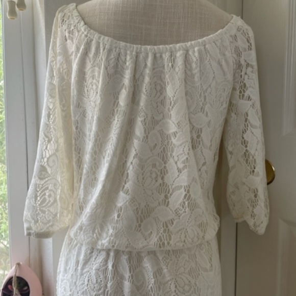Vintage Off-White Sheer Lace Midi Dress, Romantic Cottagecore Prairie Aesthetic - Picture 8 of 10